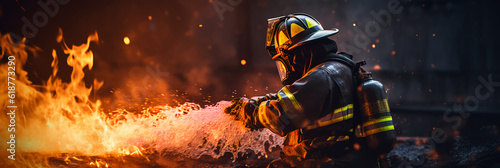 fireman using water and extinguisher to fighting with fire flame in an emergency situation., under danger situation all firemen wearing fire fighter suit for safety photo