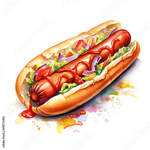 hot dog watercolor illustration, sharp white background 