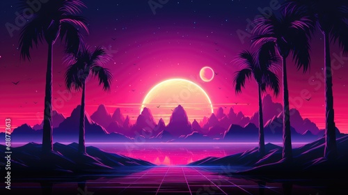 Synthwave Sunset with Coconut Tree