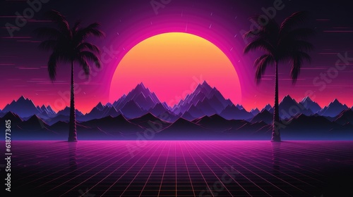 Synthwave Sunset with Coconut Tree