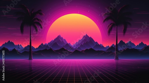 Synthwave Sunset with Coconut Tree © Exotic Escape