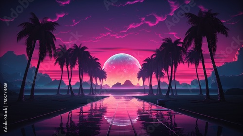 Synthwave Sunset with Coconut Tree photo