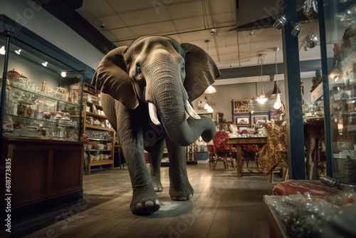 An elephant in a glass shop. He knocks over the glassware as he maneuvers. Generative AI 2