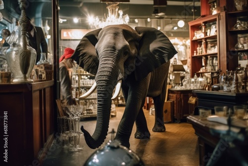 An elephant in a glass shop. He knocks over the glassware as he maneuvers. Generative AI 3