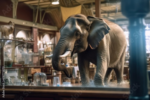 An elephant in a glass shop. He knocks over the glassware as he maneuvers. Generative AI 5