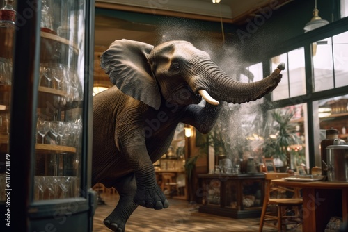 An elephant in a glass shop. He knocks over the glassware as he maneuvers
