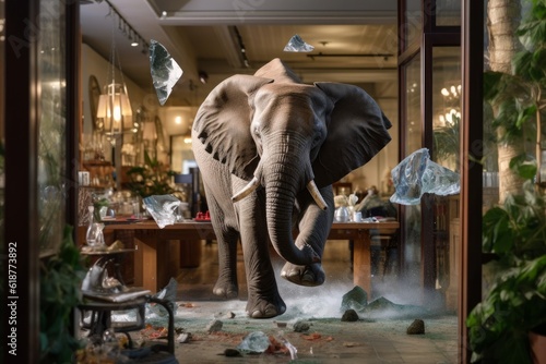 An elephant in a glass shop. He knocks over the glassware as he maneuvers