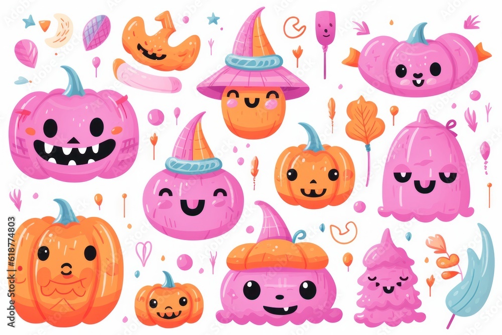Halloween, happy and whimsical elements, smiling pumpkins, friendly ghosts, and colorful costumes