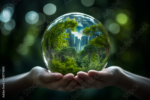 hands holding Globe Glass earth globe earth day World environment day concept, Forest