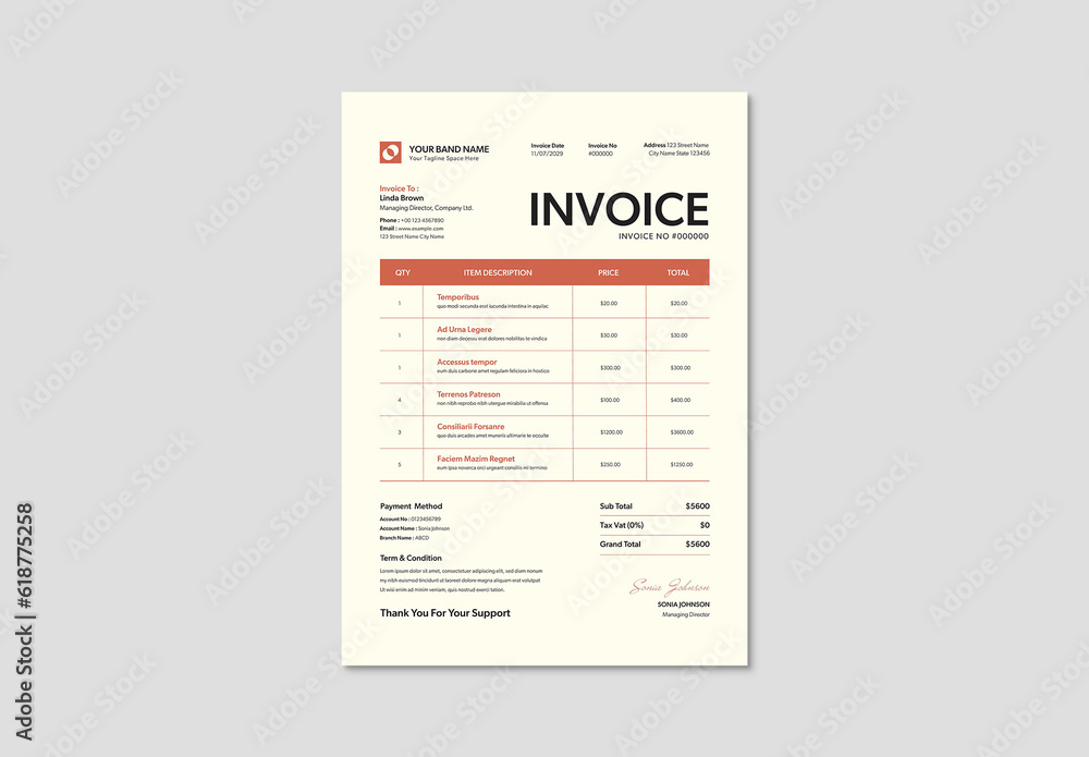 Modern Invoice Layout with Orange Accents Stock Template | Adobe Stock