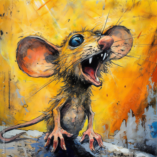  Neo - expressionism of a cartoon mouse looking up at something, in the style of pulled, scraped, and scratched, meditative, unconventional poses, spiky mounds, 1970s, twisted characters, soggy photo