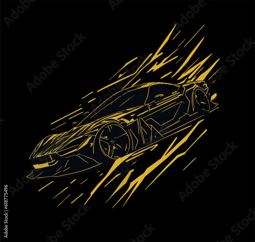 hand drawn illustration design, sports car, in yellow color stripes style