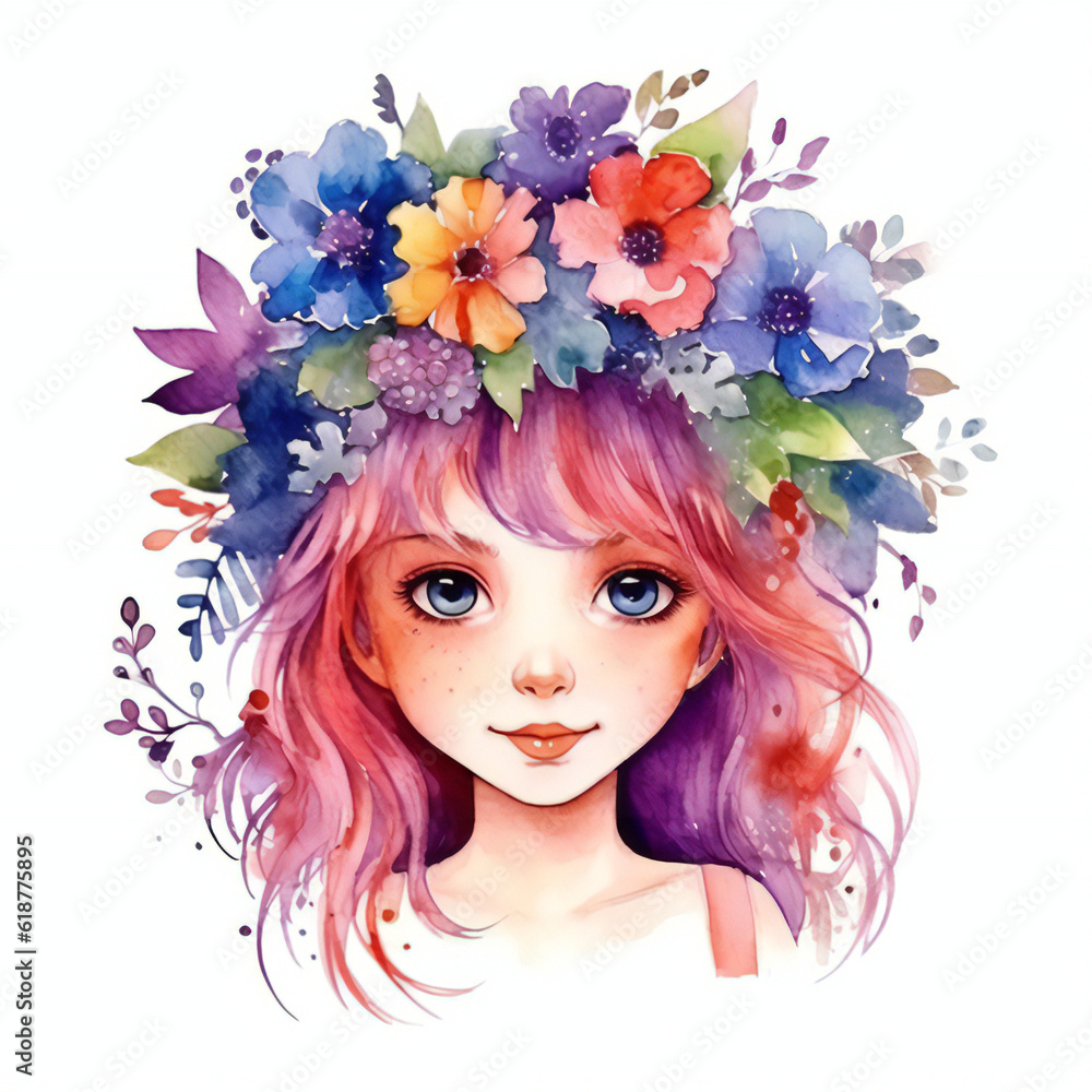 adorable, lovely, cute cartoon cowatercolors, with flowers on head, bright watercolors, white background