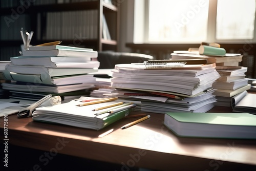 Close-up office desk with an organized stack of papers  heavy workload