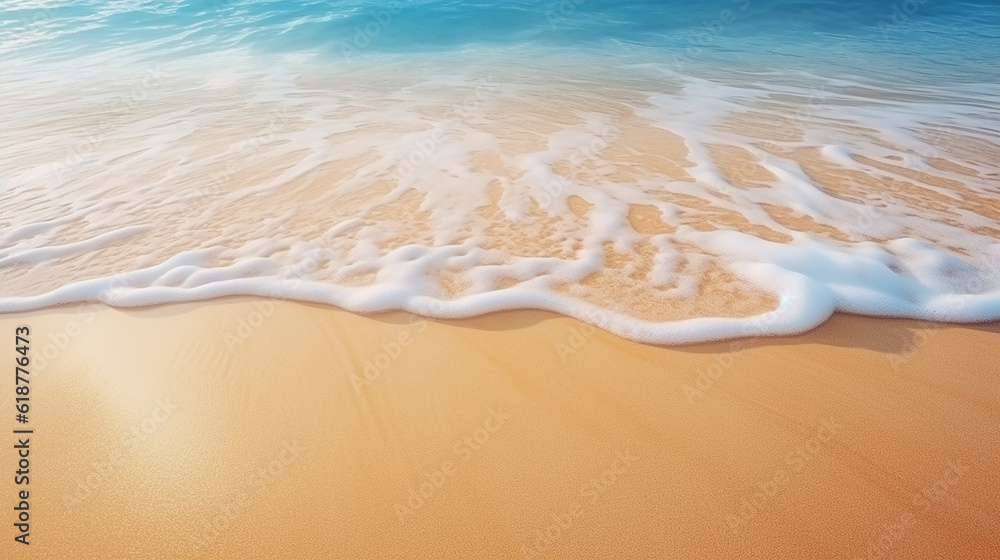 Soft waves with foam blue ocean sea on a golden sunny sandy beach in resort on summer vacation rest. The symbol of the sun drawing on the sand. Background close up