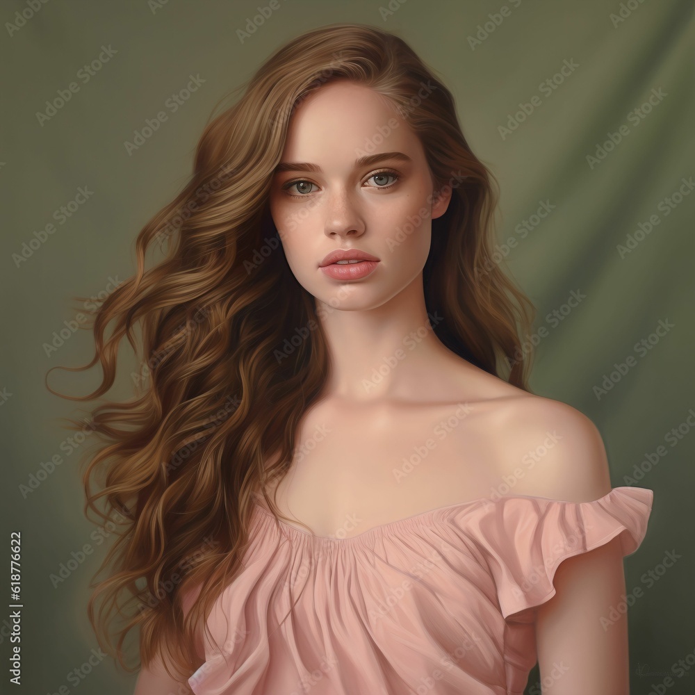 Naklejka premium Portrait of a beautiful woman with long brown hair, wearing a pale pink dress. AI-generated.