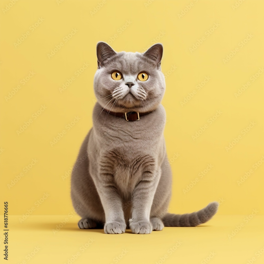 Obraz premium AI generated illustration of an adorable brown cat on a yellow background