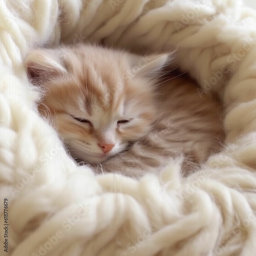 AI generated illustration of an adorable fluffy kitten sleeping in a soft blanket