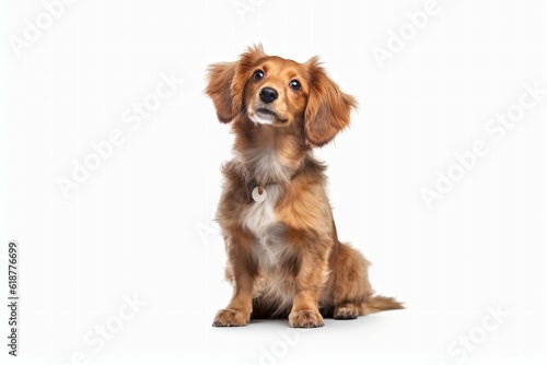 An AI generated illustration of a medium-sized white and brown mixed-breed dog staring up