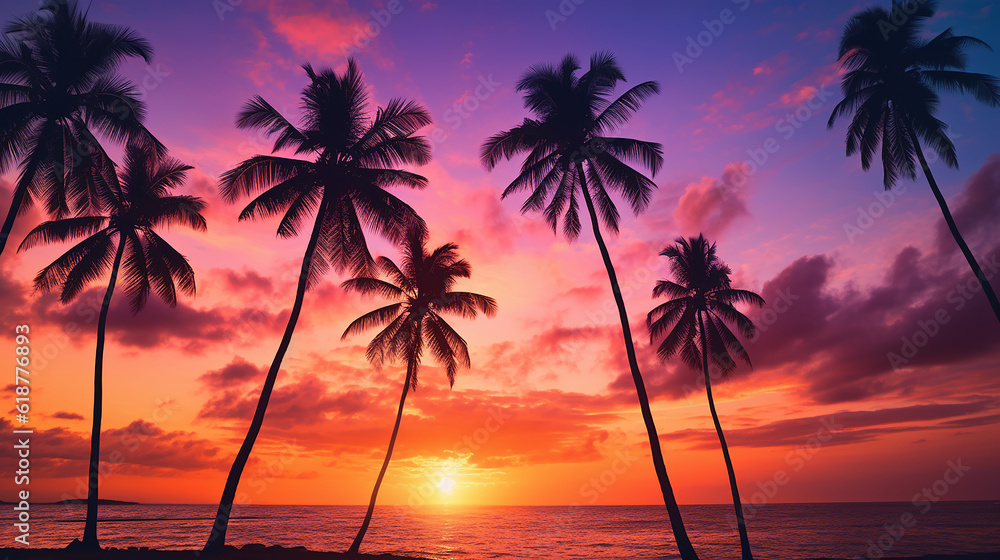 Palm trees silhouettes on tropical summer beach at vivid sunset time