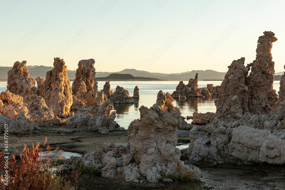 Landscape of rock formations in the Mono Lake on a sunny day in California
