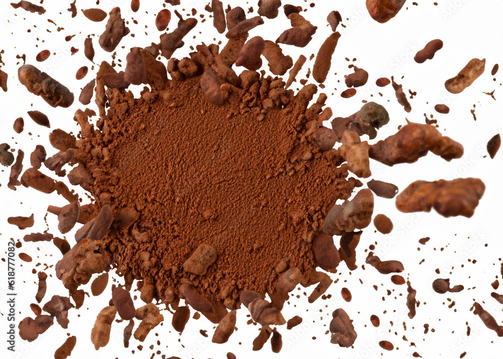 Fototapeta premium fresh cacao powder isolated over white, trendy levitation illustration created with generative ai technology