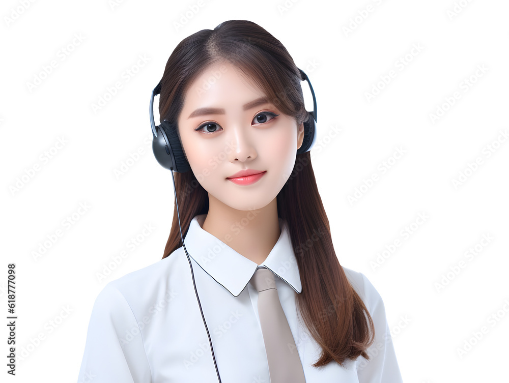 a woman with a call center headset smiling and wearing a black shirt, white background - PNG File Generative AI a woman with a call center headset smiling and wearing a black shirt, white background - PNG File Generative AI