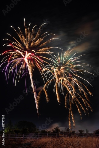 fireworks and lights in the sky and trees and a fence