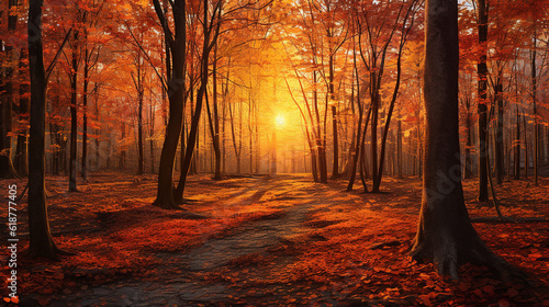 The setting sun enchants a deciduous forest with vibrant gold colors, panoramic shot