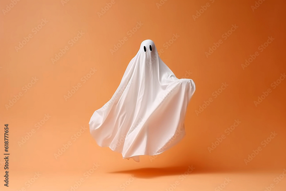 White ghost on pastel background. Minimal Halloween scary concept. Ghost sheet Halloween costume. Minimalist composition with copy space. AI generated White ghost on pastel background. Minimal Halloween scary concept. Ghost sheet Halloween costume. Minimalist composition with copy space. AI generated