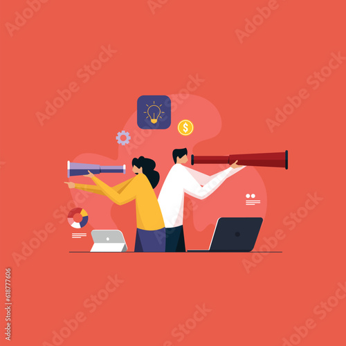 Forecast Future Vision or Forward Strategy for Success, Smart Business Team with Binoculars, support to achieve target