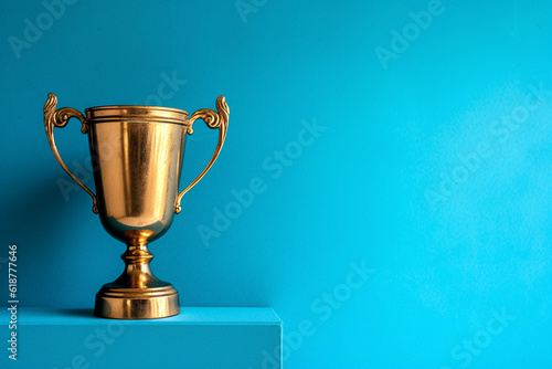 Gold winner cup on blue background. Golden champion cup, trophy for the winner, award, victory, first place of competition, winning and success concept. Copy space. Ai generated