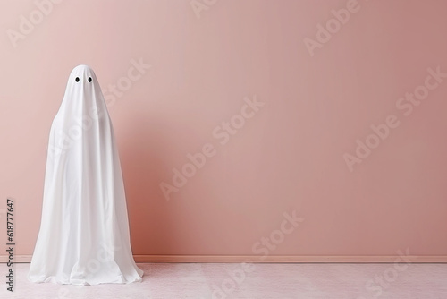 White ghost on pastel background. Minimal Halloween scary concept. Ghost sheet Halloween costume. Minimalist composition with copy space. AI generated
