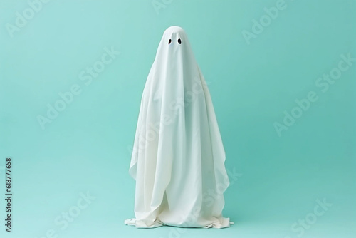 White ghost on pastel background. Minimal Halloween scary concept. Ghost sheet Halloween costume. Minimalist composition with copy space. AI generated