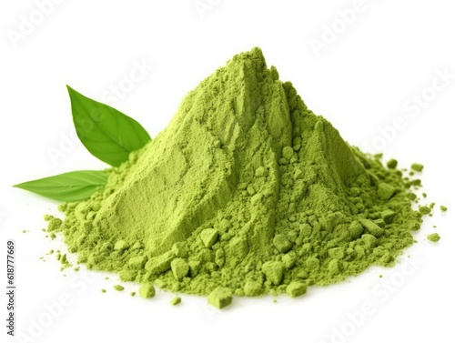 Heap of Green Matcha Tea Powder and Leaves