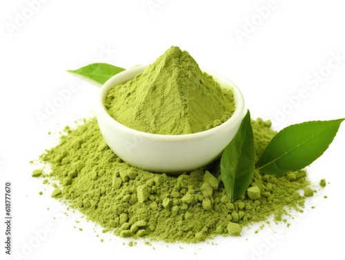 Heap of Green Matcha Tea Powder and Leaves
