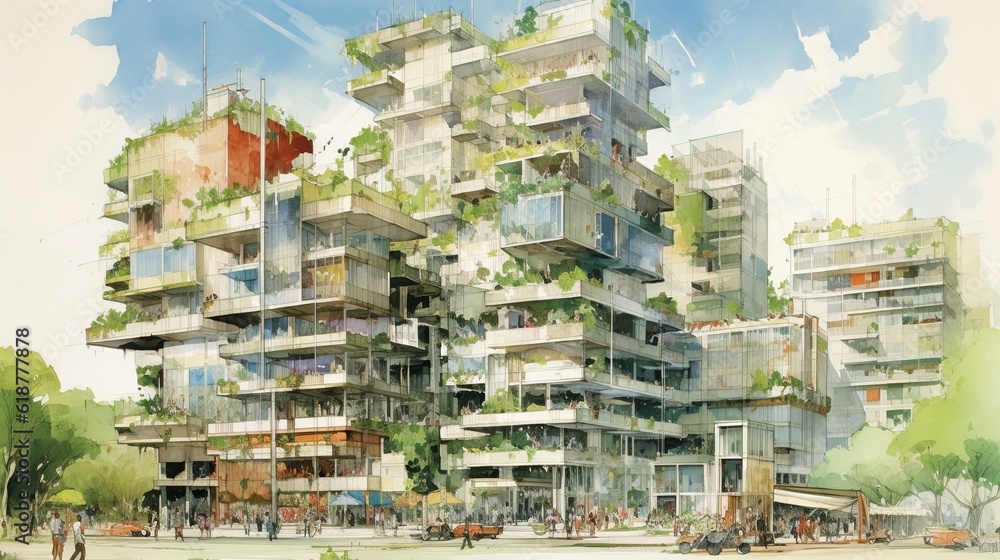 Obraz premium Sustainable development project sketch, green building and trees.