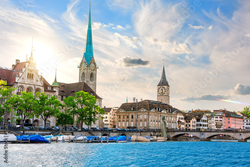 Fraum nster abbey and St. Peter's church, the two most popular places of visit in Zurich, Switzerland photo