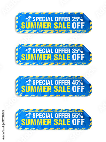 Special offer summer sale blue stickers set in grunge design style vector. Sale 25%, 35%, 45%, 55% off