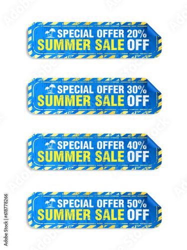 Special offer summer sale blue stickers set in grunge design style vector. Sale 20%, 30%, 40%, 50% off