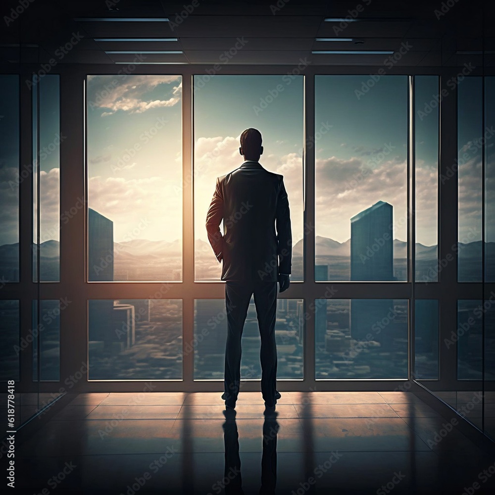 Fototapeta premium a man is standing near a window and looking out into the distance