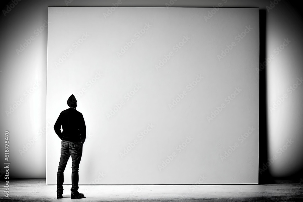 Fototapeta premium man standing in front of white board in dark room and shadows