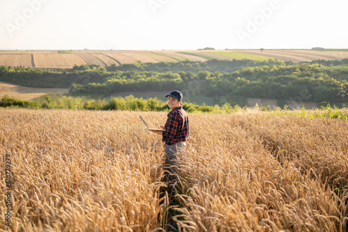 Woman farmer working with laptop on wheat field. Smart farming and digital agriculture..