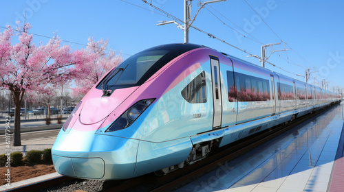 a fast moving silver train, in the style of light turquoise and light magenta, kintsukuroi, traditional color scheme, glazed surfaces, light green and white, urban energy, sky-blue and green
