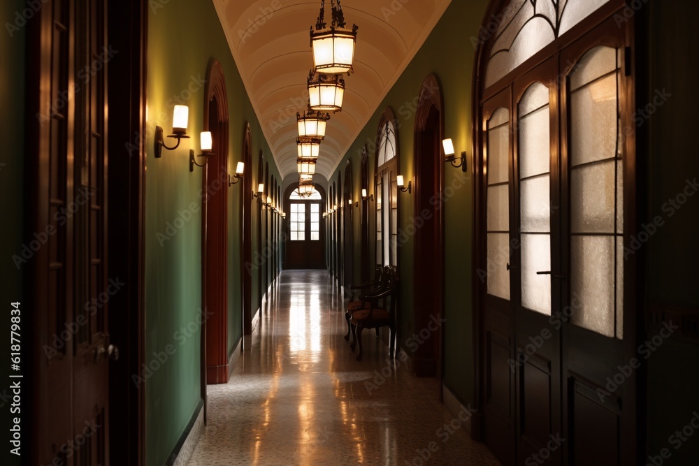 Interior of a hospital, or apartment corridor with arched windows and lanterns. Colonial, country style. created with Generative AI