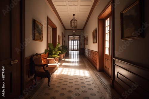 Interior of an old mansion with a long corridor and a chair. Colonial, country style. created with Generative AI