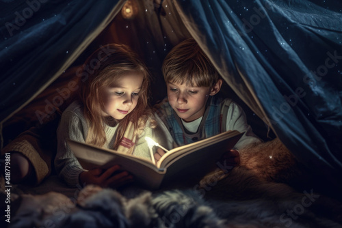 Kids read a fairytale book before going to bed in a homemade cozy tent at home