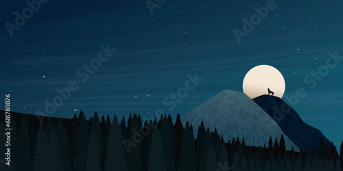 Night of mountainscape with full moon, wolf howling and pines forest vector illustration. Hiking theme background. Travel concept of discovering, exploring and observing nature.