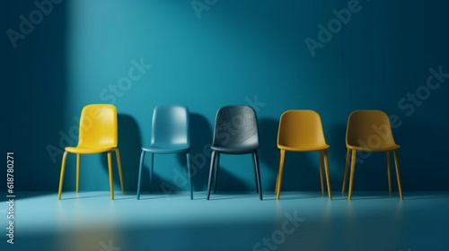 several yellow chairs line up against a blue background photo  in the style of yellow and amber