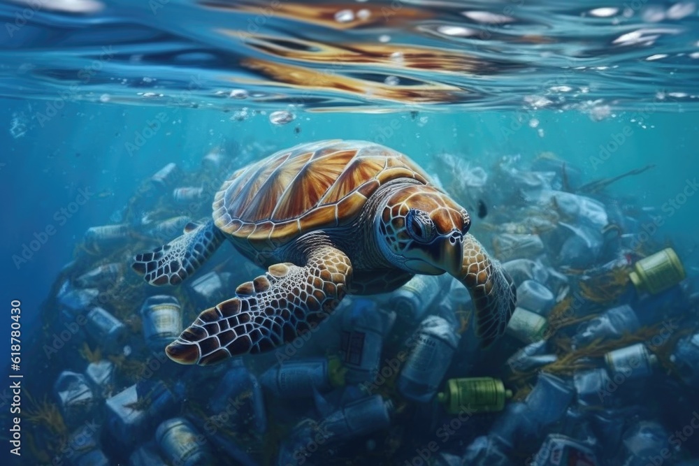 Obraz premium Turtle in polluted water